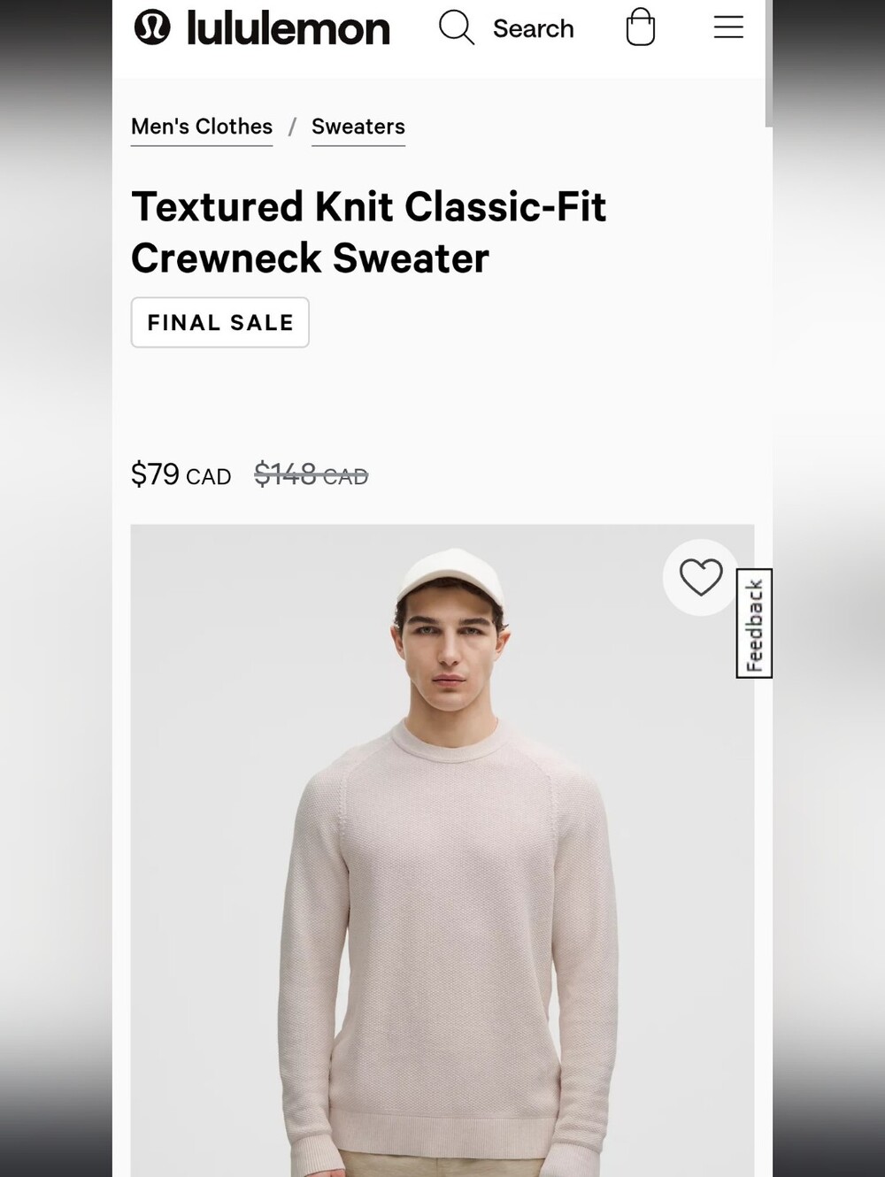 Lululemon Athletica Men's Textured Knit Crew Sweater Small Soft Cotton Blend
